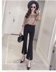 Quần ống loe cạp cao có đường xẻ tà phía trước hợp thời trang cho nữ