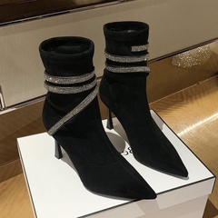 Giày boots cổ ngắn cao gót đính đá thời trang nữ