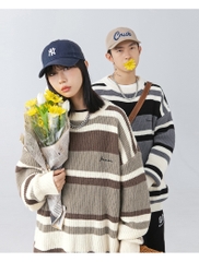 Áo len unisex kẻ sọc màu tương phản phong cách retro
