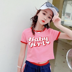 Áo thun vải cotton tay ngắn lưng cao in chữ thời trang dành cho bé gái