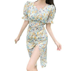 Đầm xẻ tà tay ngắn cổ chữ V kèm họa tiết hoa thời trang