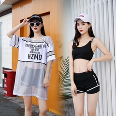 Bộ đồ bơi ba mảnh phối áo lưới năng động, che bụng kín đáo dành cho nữ