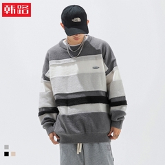 Áo len unisex kẻ sọc cổ tròn phong cách Nhật Bản retro hợp thời trang