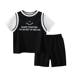 Bộ đồ cotton hai mảnh ngắn tay in chữ phong cách Hàn Quốc cho bé trai