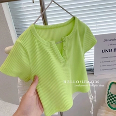 Áo thun co giãn tay ngắn lưng cao cổ hở chữ V dành cho bé gái