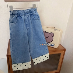 Quần jean ống rộng thiết kế lai quần màu sắc tương phản thời trang dành cho bé gái