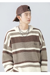 Áo len unisex kẻ sọc màu tương phản phong cách retro