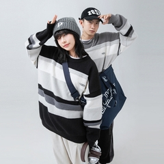 Áo len unisex kẻ sọc cổ tròn phong cách Nhật Bản retro hợp thời trang