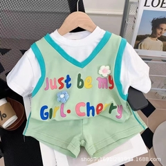 Bộ đồ thể thao áo tay ngắn giả hai mảnh và quần ngắn giản dị thời trang phong cách Hàn Quốc dành cho bé gái