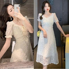 Đầm vải voan phối ren lưng cao kiểu dáng Pháp tươi mới ngọt ngào