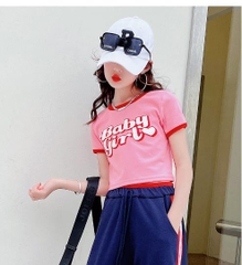 Áo thun vải cotton tay ngắn lưng cao in chữ thời trang dành cho bé gái