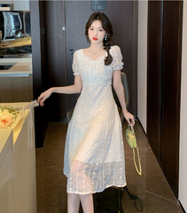 Đầm vải voan phối ren lưng cao kiểu dáng Pháp tươi mới ngọt ngào