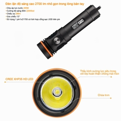 Đèn Lặn Du Lịch ACEBEAM D20 Chịu Sâu 200M, Sáng 2700 Lumen, Pin 21700 5100Mah (Kèm Theo)