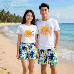Mẫu đồng phục đi biển áo thun trắng in họa tiết 