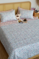 Bộ chăn gối Modal Micro màu trắng đục hoa nhí phối hồng nhạt chần bông 2mx2m2