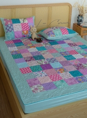 Ga gối ghép vuông, chần máy, xanh tím nhạt, ga size 1,8x2m
