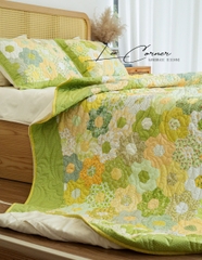 Bộ chăn ghép lục giác cạnh 3cm, vàng chanh, chần máy, size 2x2,2m