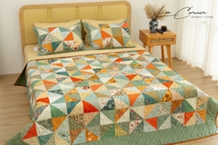 Bộ chăn ghép vải phức tạp tone màu vàng cam, chần máy size 2mx2m2