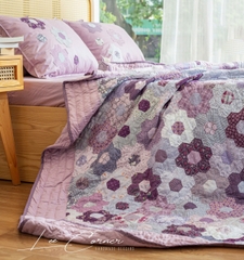 Bộ chăn ghép vải lục giác cạnh 3cm, tím tro, chần tay, size 2x2,2