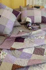 Bộ chăn gối ghép vuông ghi tím, chần máy, 2.2x2m- chần dính