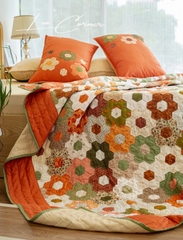 Bộ chăn ghép vải hình lục giác cạnh 3cm, tone màu cam đất, chần tay, size 2x2,2