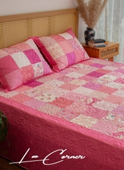 Bộ chăn gối ghép vuông, hồng trắng, chần máy, size 2x2,2m