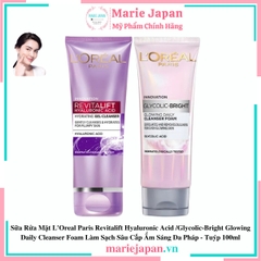 Sữa Rửa Mặt L'Oreal Paris Revitalift Hyaluronic Acid /Glycolic-Bright Glowing Daily Cleanser Foam Làm Sạch Sâu Cấp Ẩm Sáng Da Pháp - Tuýp 100ml