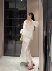 Bộ áo sơ mi chân váy ren trắng cao cấp