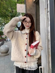 Áo len cổ sen cúc tim đỏ