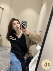Áo len thừng cổ tim khoét vai màu đen ss2024