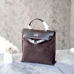 Balo Retro Hàn Quốc Da Lộn Size 26cm Màu Nâu Cafe