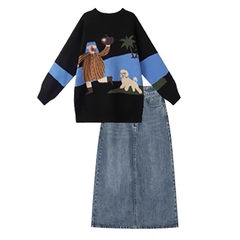 Bộ áo len dệt kim dài tay hoạt hình và váy midi denim cạp cao
