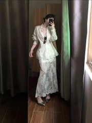 Bộ áo sơ mi chân váy ren trắng cao cấp