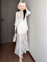 Bộ áo sơ mi chân váy ren trắng cao cấp