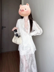 Bộ áo sơ mi chân váy ren trắng cao cấp