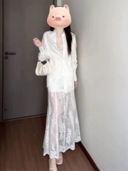 Bộ áo sơ mi chân váy ren trắng cao cấp