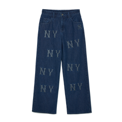 Quần Bò Denim Ống Rộng MLB Logo Thêu Màu Xanh
