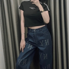 Quần Bò Denim Ống Rộng MLB Logo Thêu Màu Xanh