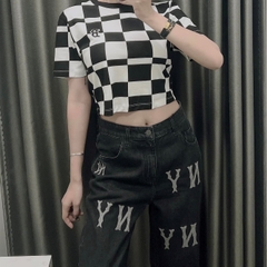 Quần Bò Denim Ống Rộng MLB Logo Thêu Màu Đen