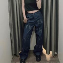 Quần Bò Denim Ống Rộng MLB Logo Thêu Màu Xanh