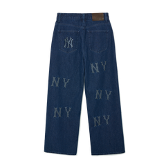 Quần Bò Denim Ống Rộng MLB Logo Thêu Màu Xanh