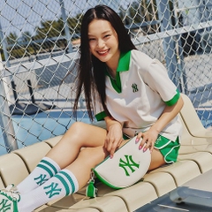 Túi Đeo Vai MLB Basic Round Cross Logo Chữ NY Màu Trắng Xanh