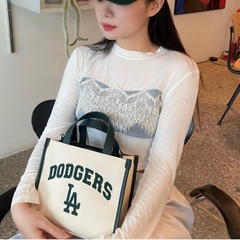 Túi Xách MLB Canvas Varsity Logo LA 3AORS083N-07CRD Trắng Viền Xanh