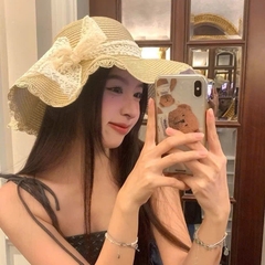 Mũ cói vành thắt nơ ren