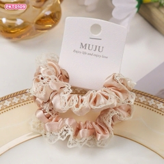 Set 2 Dây Cột Tóc Vải Xếp Ly Ren Đen No.MJ01