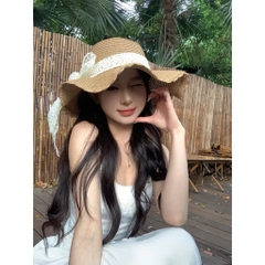 Mũ cói vành thắt nơ ren