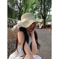 Mũ cói vành thắt nơ ren