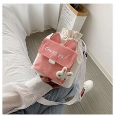 T10. Túi vải canvas đeo chéo miệng dây rút họa tiết tai thỏ 23*23*10cm