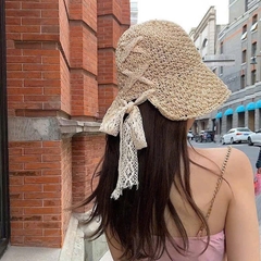Mũ cói vành thắt nơ ren