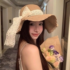 Mũ cói vành thắt nơ ren